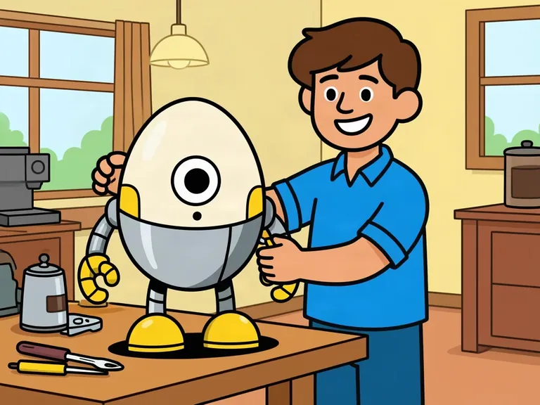 The same man, smiling, fixing an egg-shaped robot on a kitchen table.