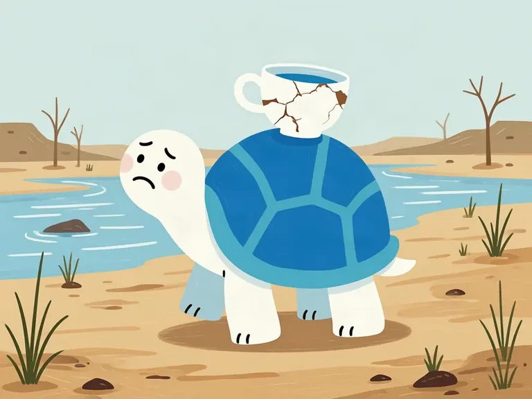 The same tortoise, looking sad, beside a dried-up pond.