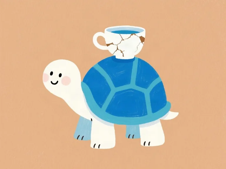 A white tortoise with a blue shell and a cracked teacup on its back.