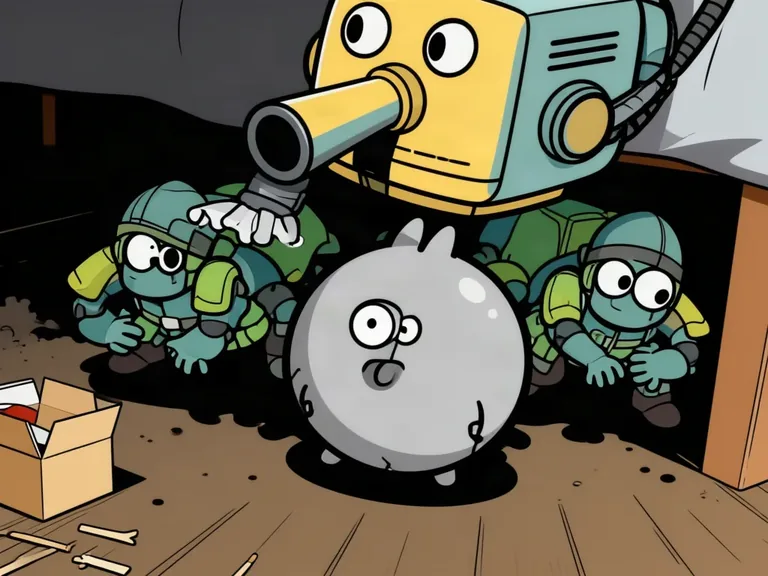 A round grey dust creature beneath a vacuum, surrounded by helmeted humanoid soldiers in uniforms.
