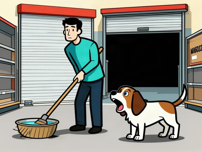The same dog, small in the frame, barking at a man who is mopping outside a row of storage units.