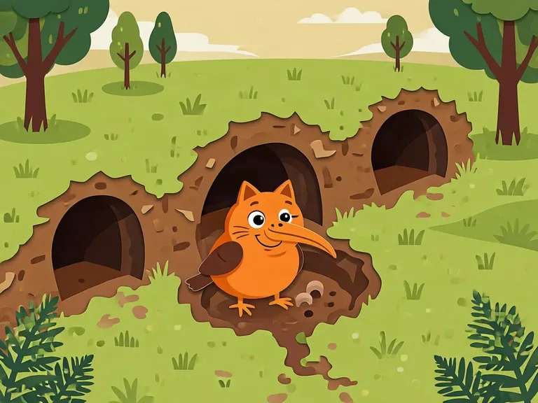 An orange creature with a cat's ears, whiskers and face and a long beak, standing by burrows in a field.