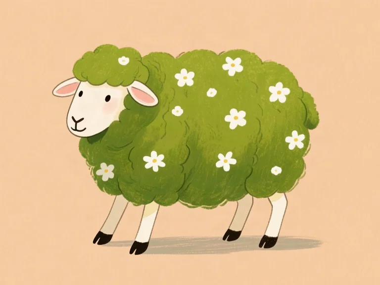 A sheep with green mossy wool and white flowers, depicted with four legs.