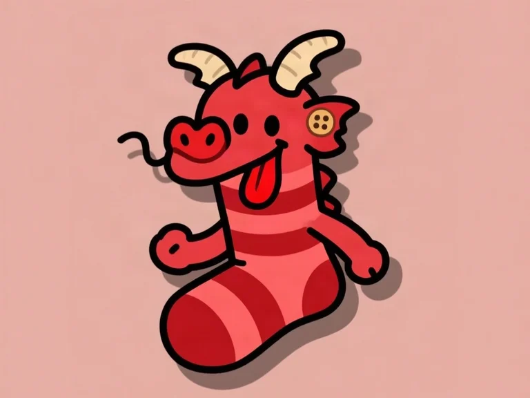 A red striped sock-shaped dragon with horns, a button and a long red tongue.