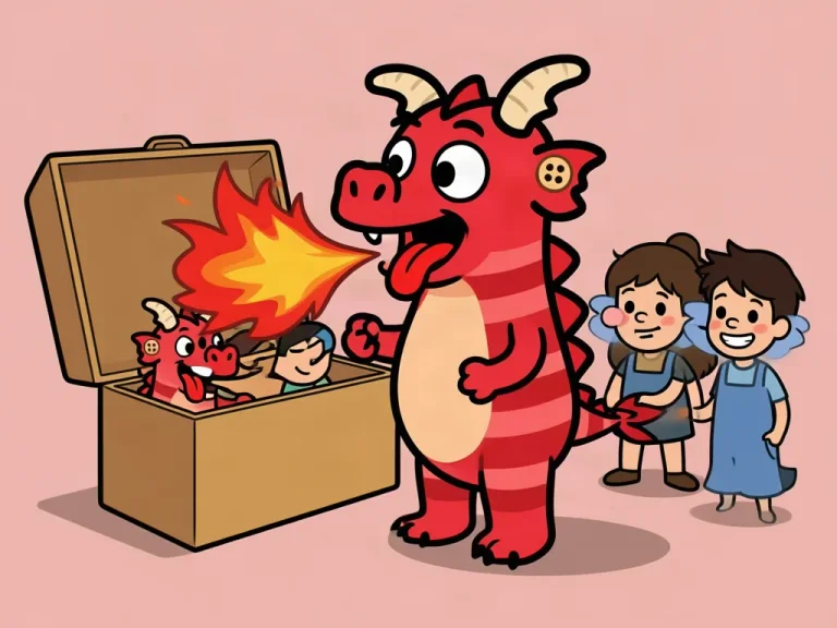 A standing red dragon breathes a large flame beside a toy box containing another small red dragon.