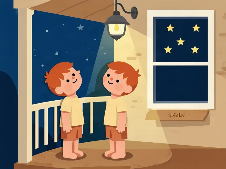 Two matching red-haired children in yellow shirts and orange shorts stand together on a porch.